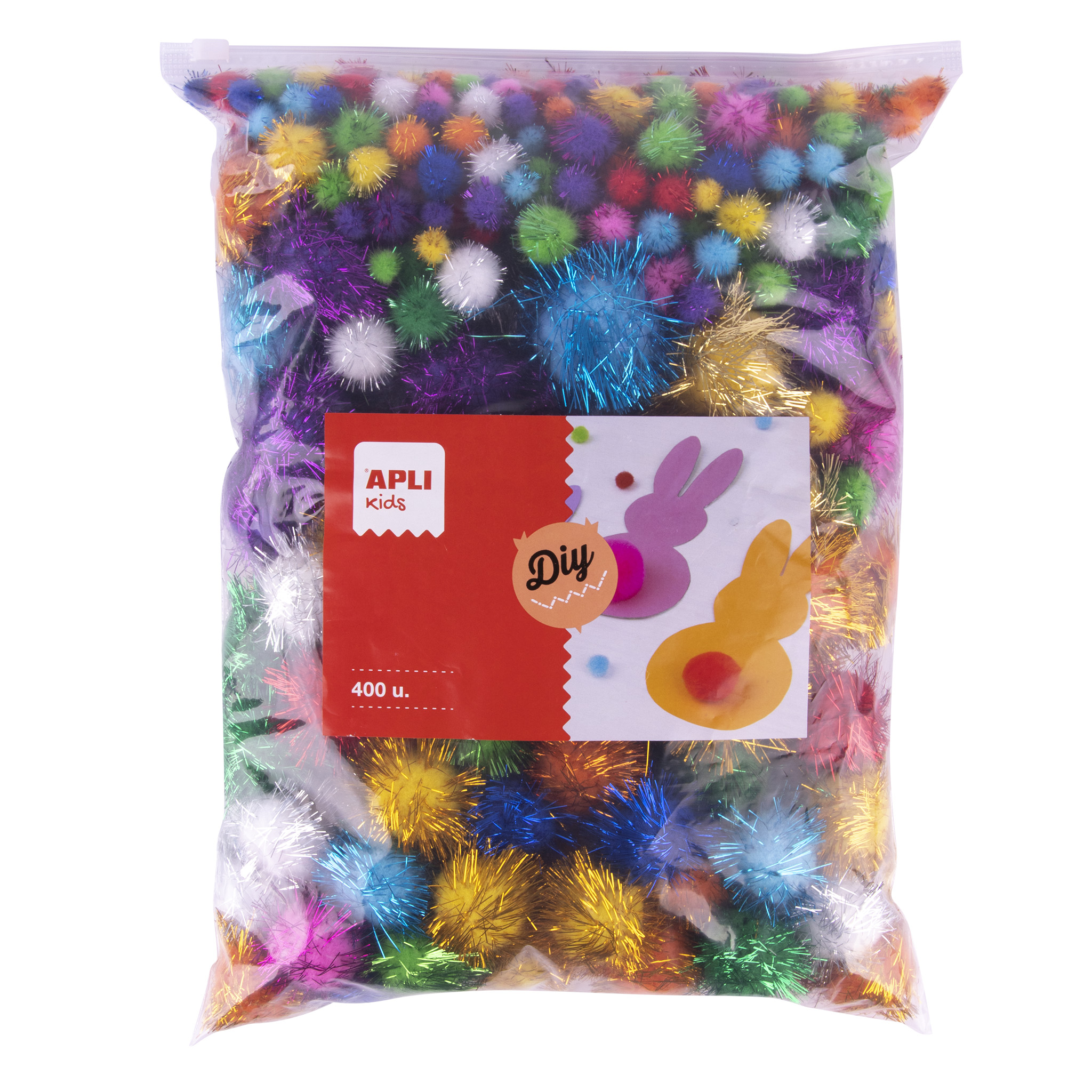 APLI Pom-Pom guľky s trblietkami - Jumbo pack, mix veľkostí a farieb - 400 ks
